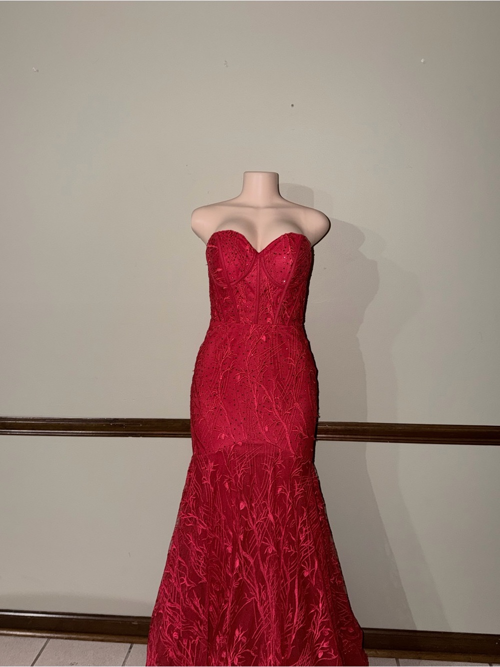 Strapless Red Embroidered Mermaid Gown